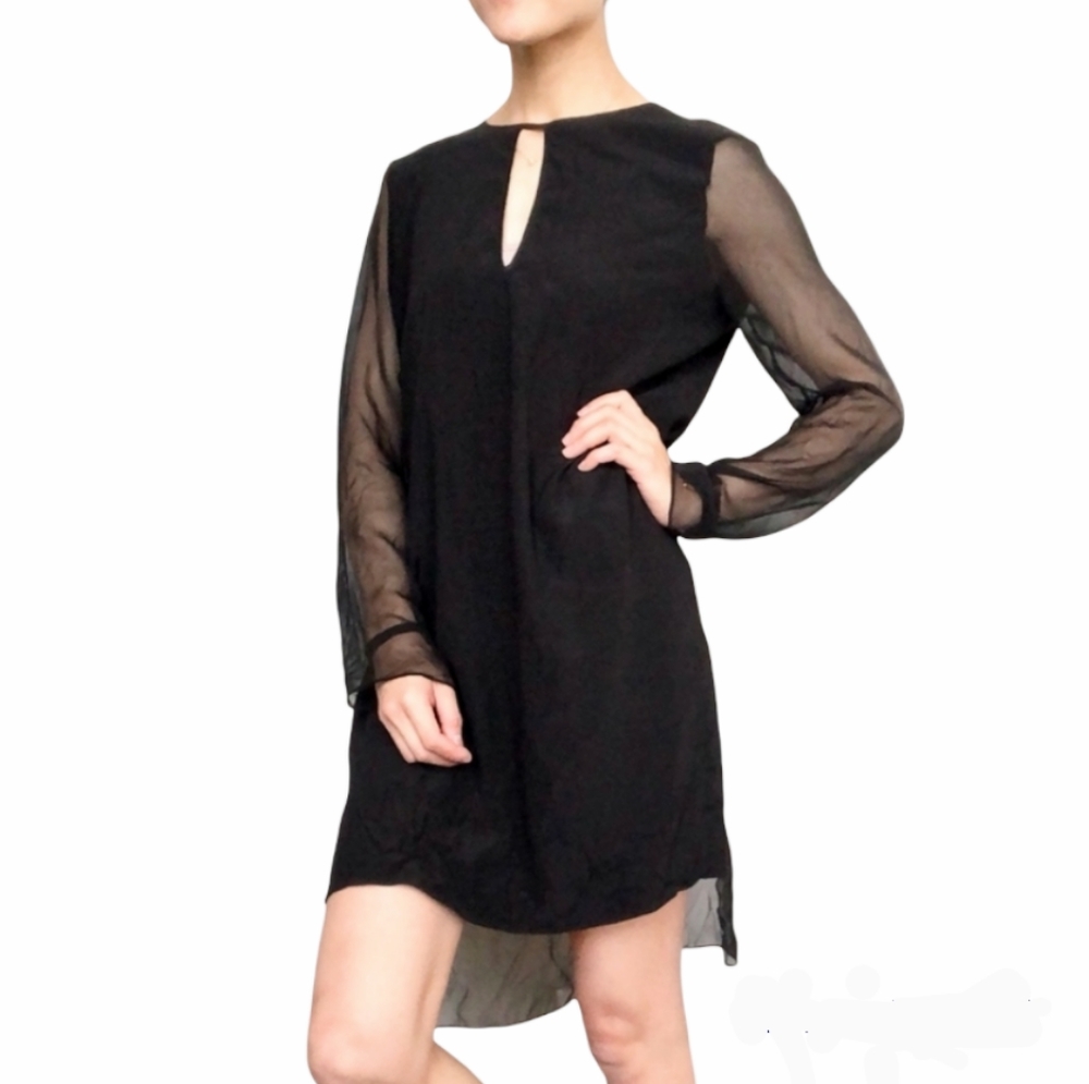Ramy Brook Black Silk Sheer Long Sleeve Keyhole Shift Dress M
